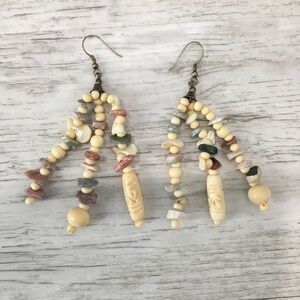 Stone Rock Pebble Dangle Earrings Pierced Purple Rose Natural Engraved Ivory